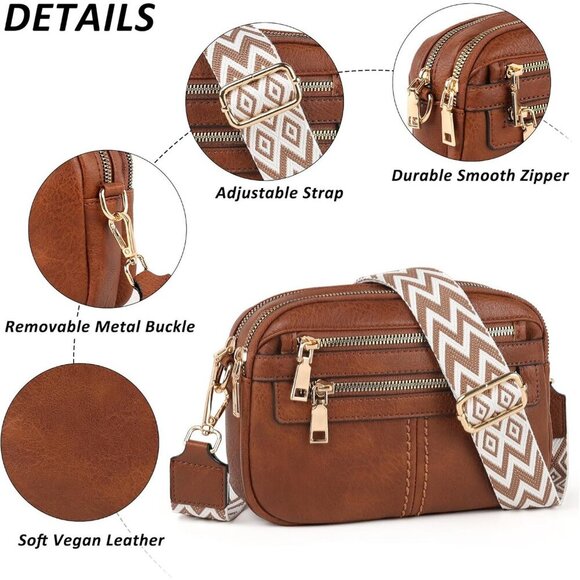 6-Pocket Crossbody Bags for Women, Vegan Leather Shoulder Handbags Brown Travel - Picture 4 of 7